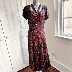 Vintage Black and Red Floral Midi Dress Cottagecore with Buttons & Shoulder Pads